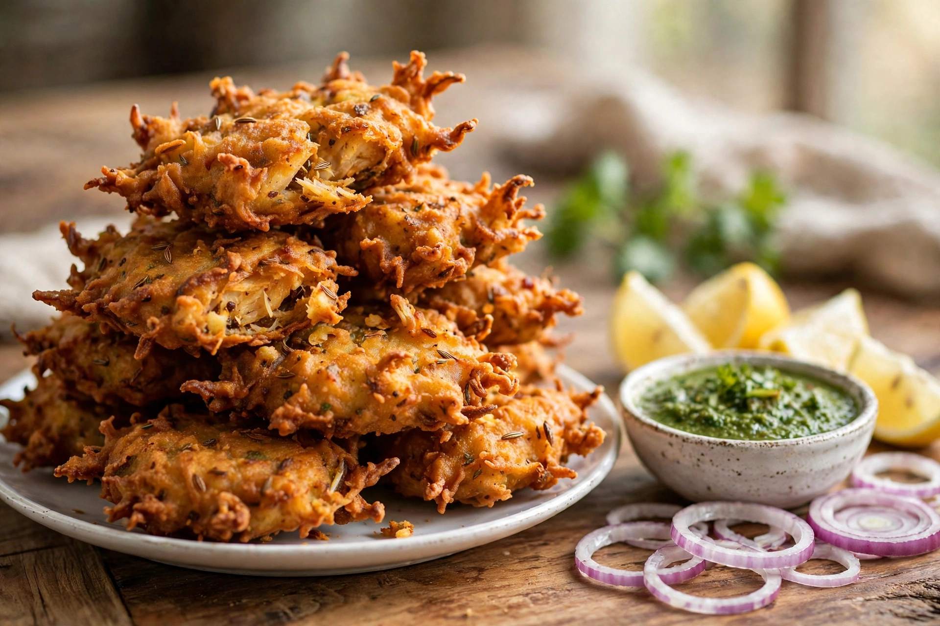 Crispy golden air fryer fish pakoras stacked on a plate with lemon wedges, onion rings and mint chutney