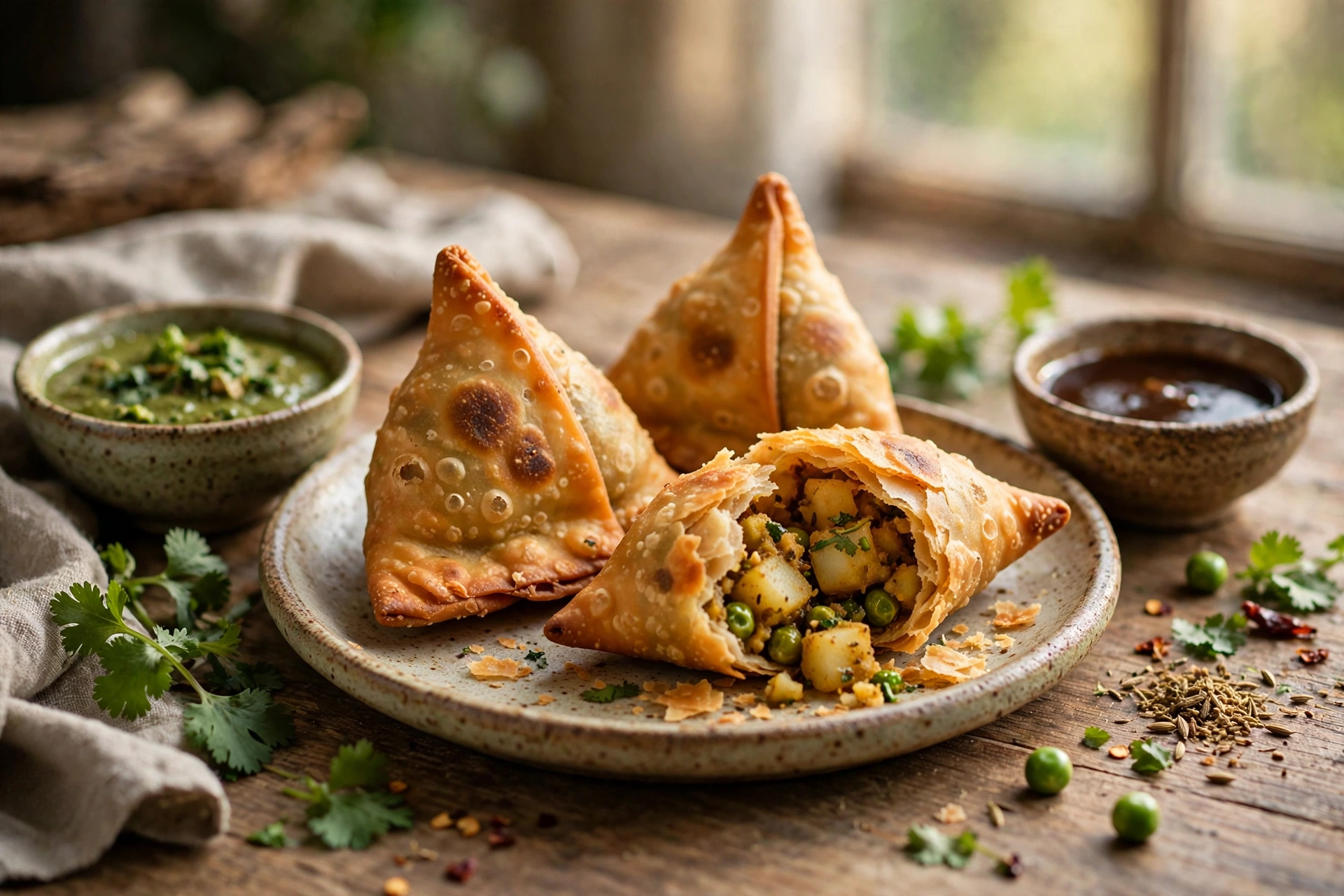 Crispy golden air fryer samosas with mint chutney and tamarind sauce