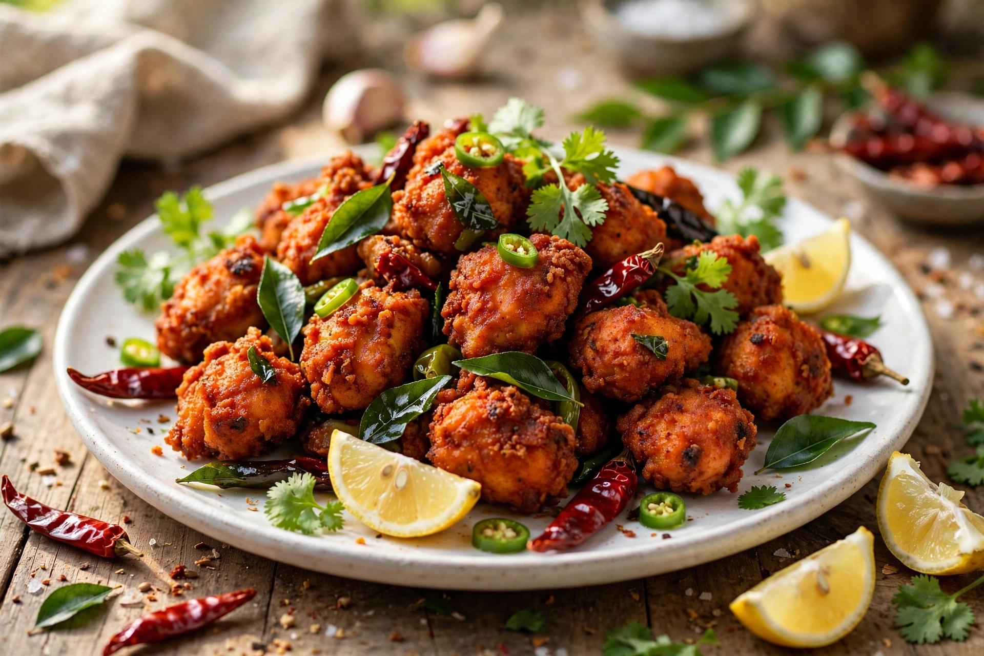 Crispy Chicken 65 – deep-fried red chicken pieces tossed with curry leaves, dried red chilies and lemon wedges on a white plate