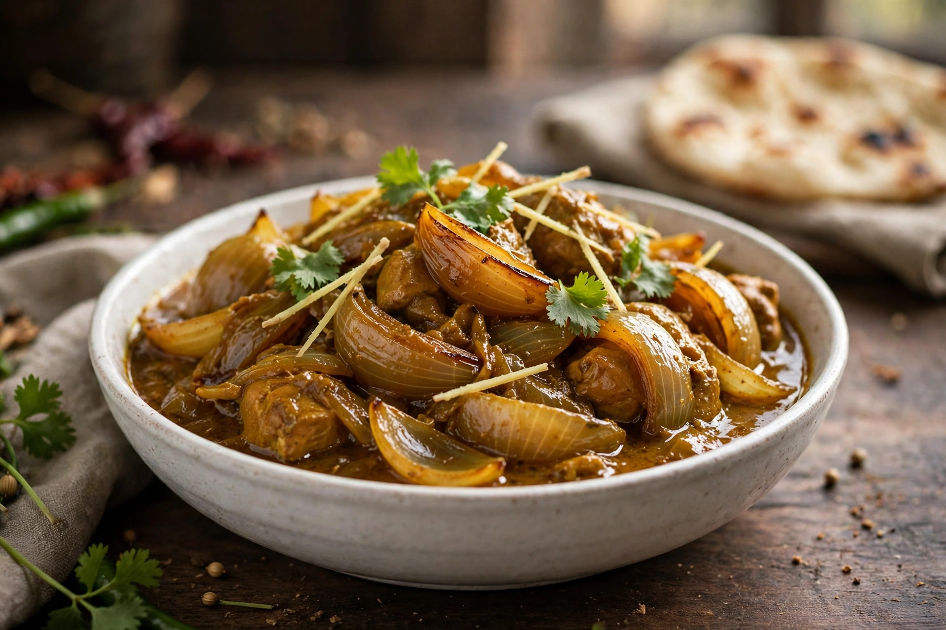 Chicken do pyaza curry in a bowl with caramelized onion wedges