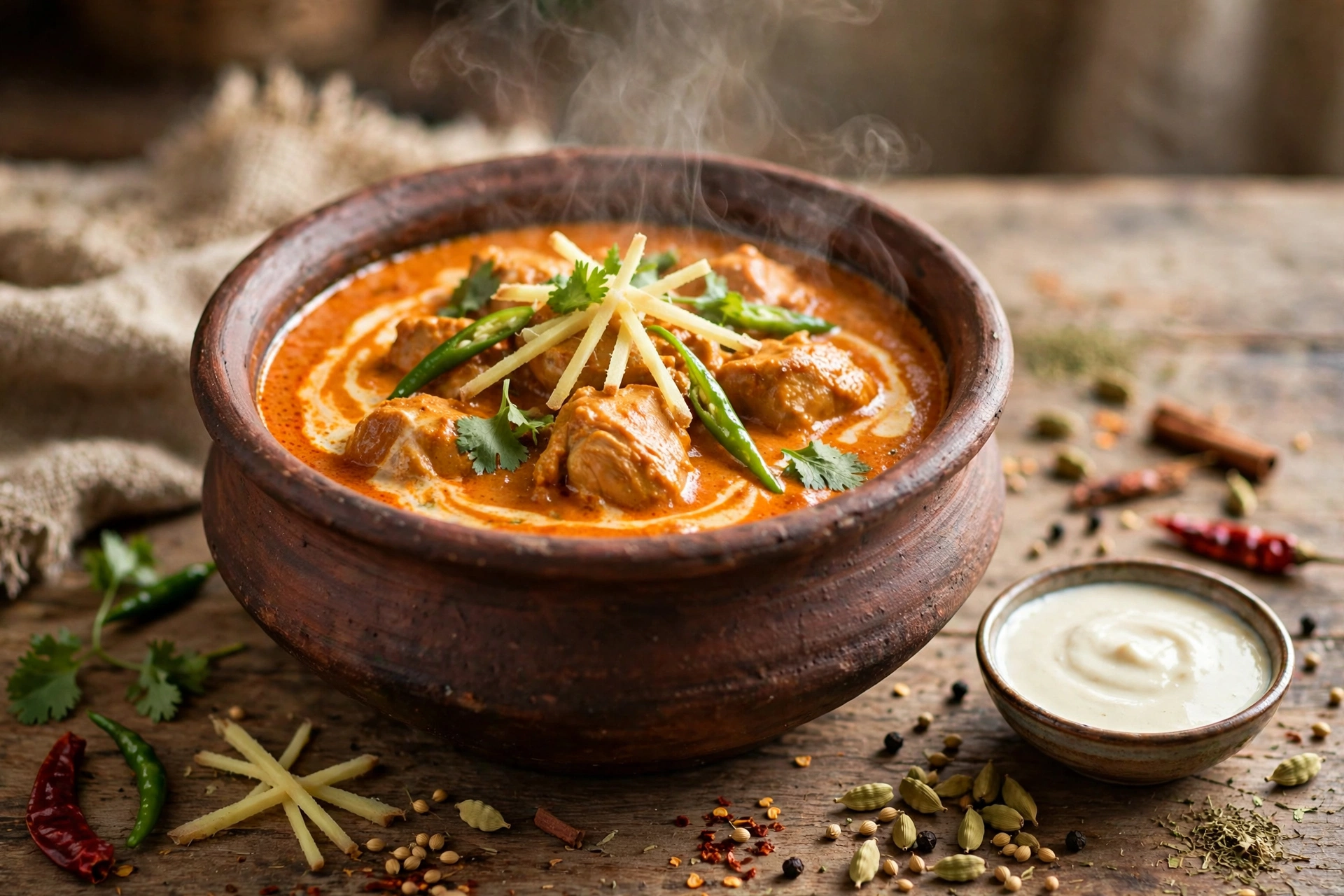 Creamy Pakistani chicken handi served in a clay handi pot, garnished with ginger juliennes, green chilies and coriander