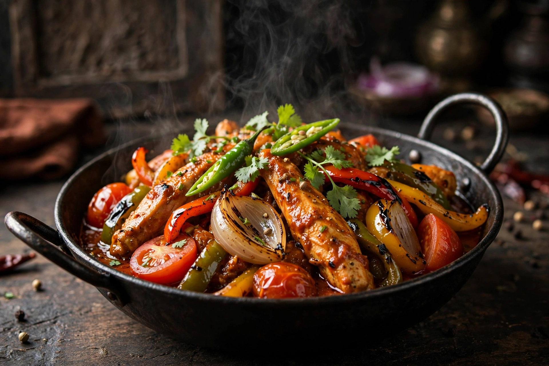 Chicken jalfrezi in a black karahi with charred peppers, onion wedges and tomatoes, steam rising