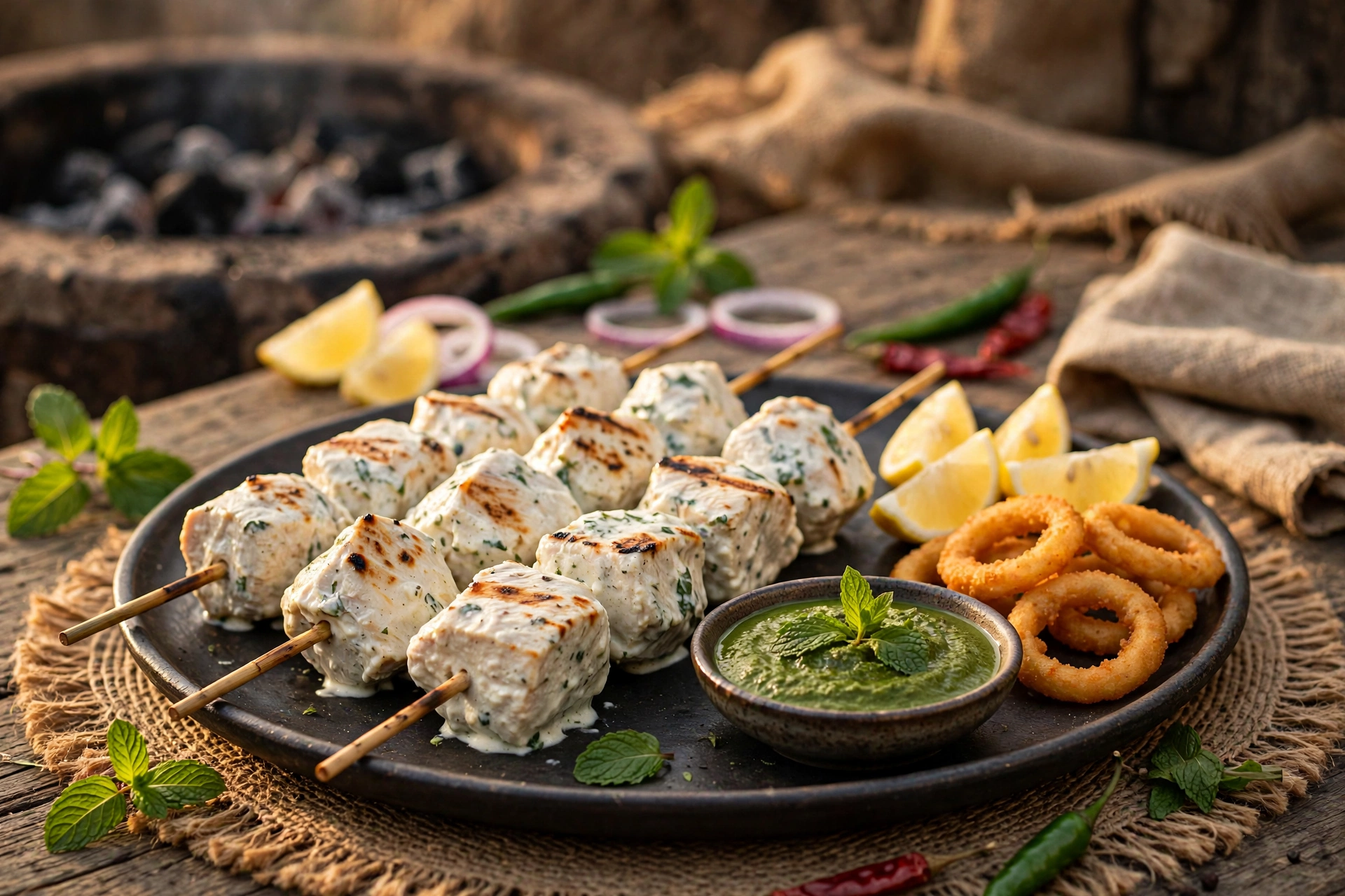 Creamy chicken malai boti skewers with charred edges served with mint chutney, lemon wedges and onion rings