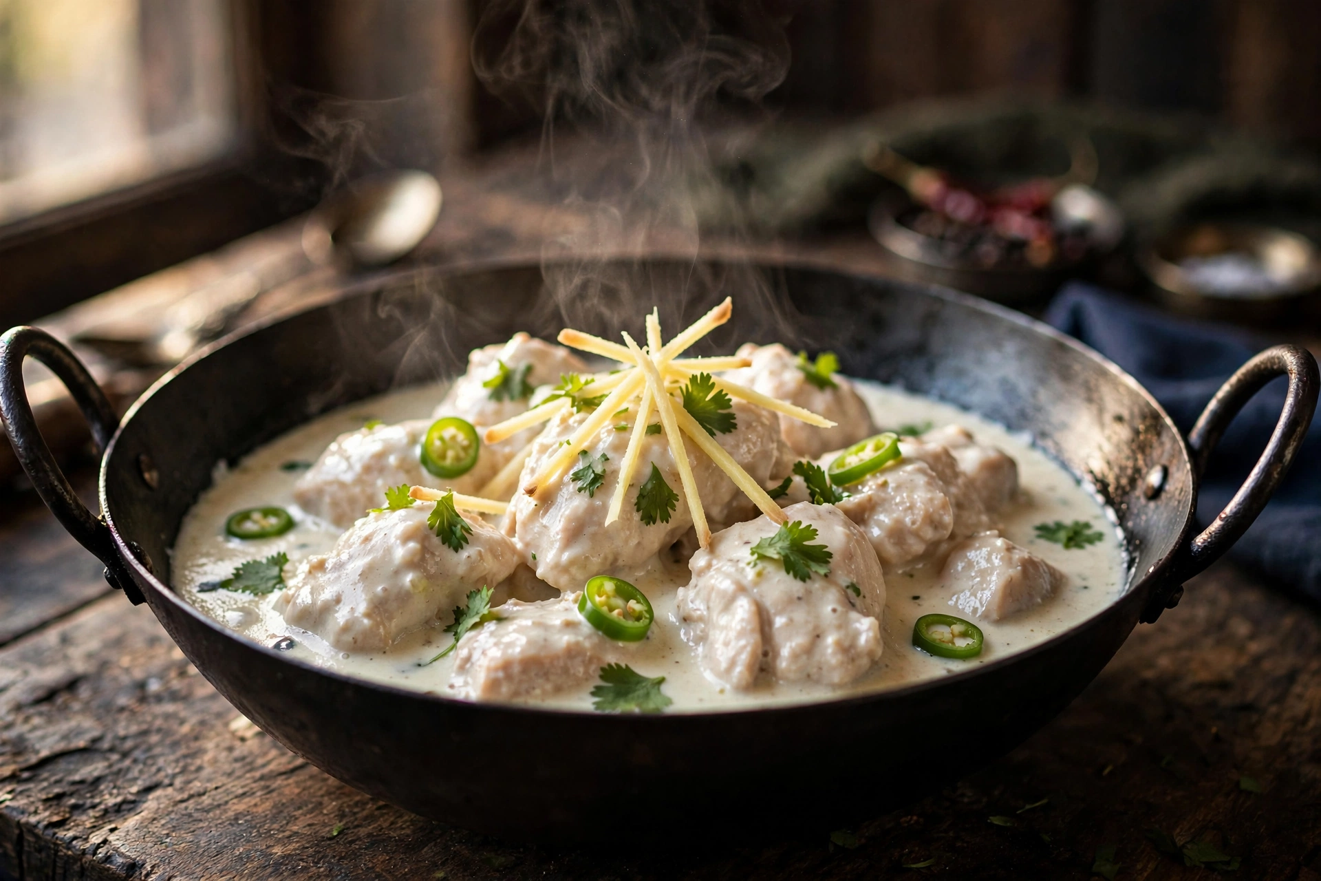 Creamy chicken white karahi in a traditional wok garnished with ginger, green chillies and coriander