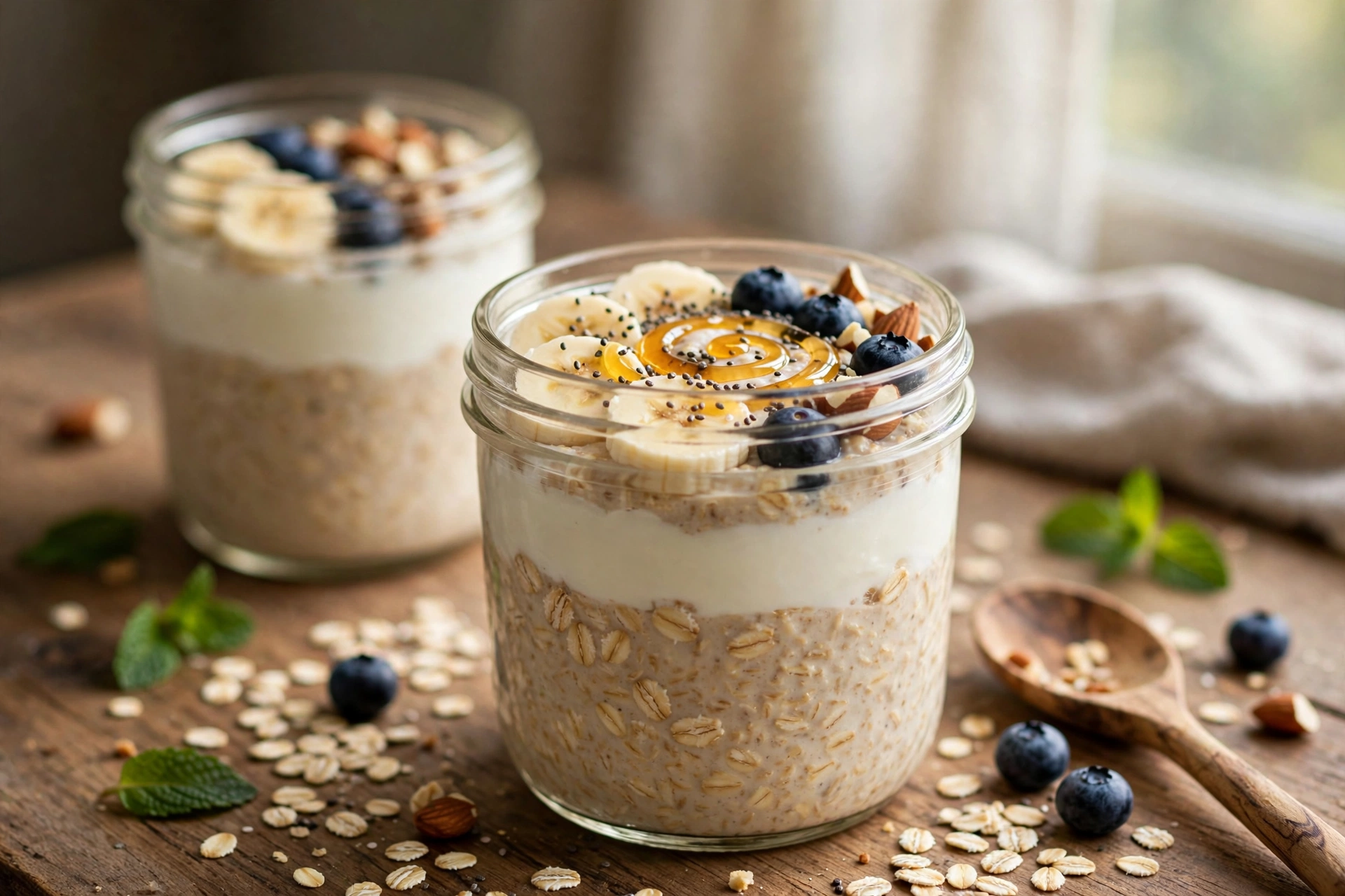 Creamy high-protein overnight oats layered with Greek yogurt, topped with banana, blueberries, honey swirl, chia seeds and almonds in a glass jar