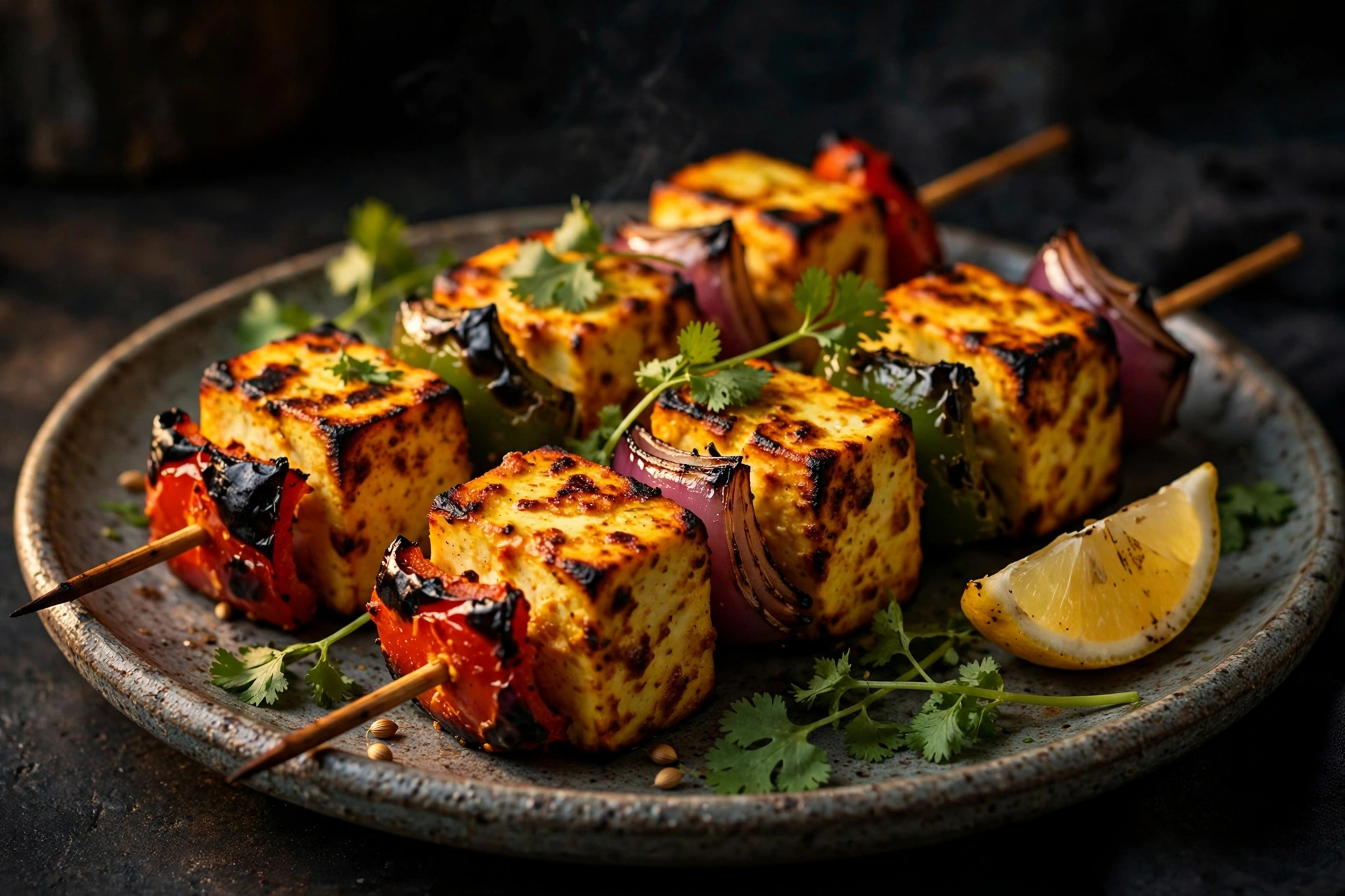 Char-grilled high-protein paneer tikka skewers with peppers, onions, coriander and lemon wedge on a rustic plate