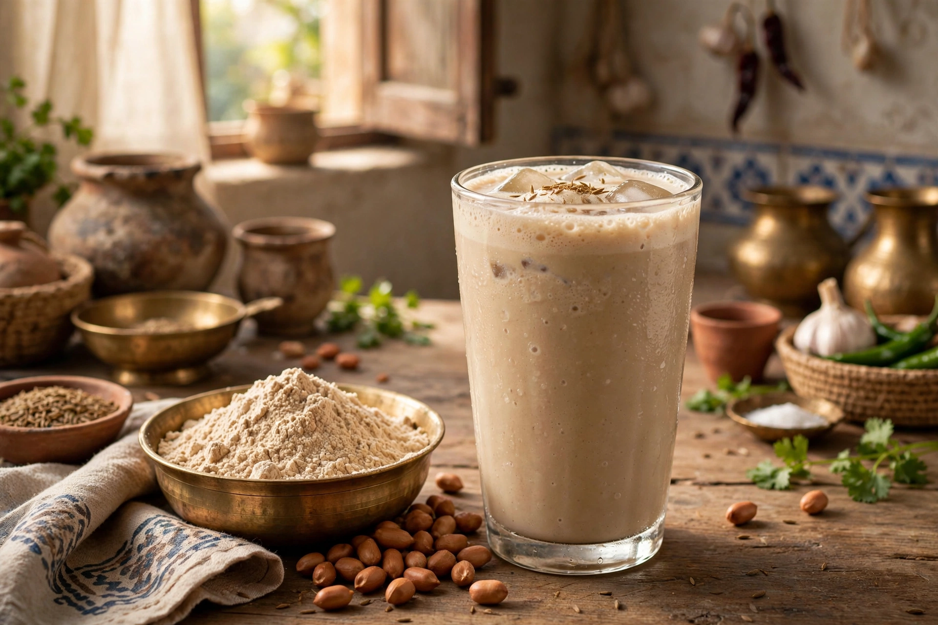 High-protein sattu shake in a tall glass with sattu flour, peanuts and desi kitchen props