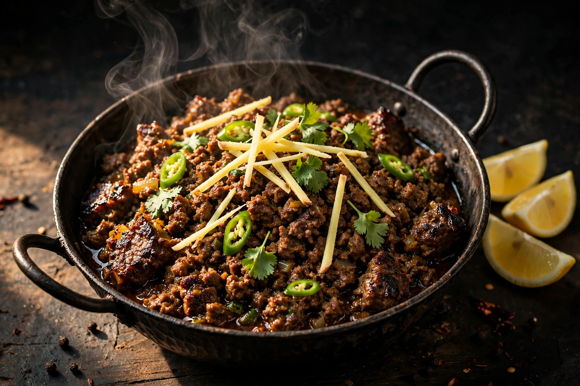 Keto beef keema in a black karahi bowl garnished with julienned ginger, green chilies and coriander