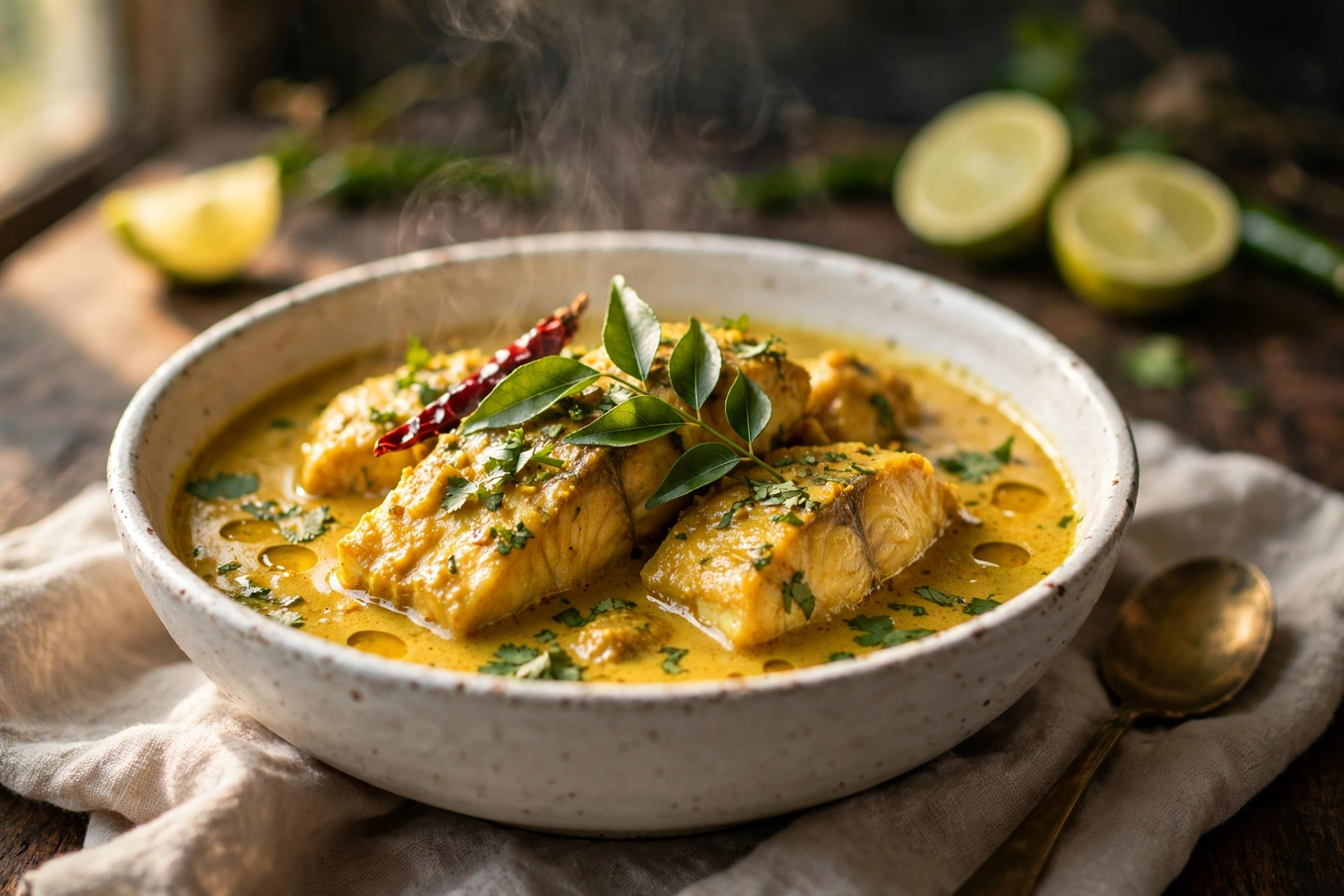 Keto coconut fish curry — creamy golden fish curry in a white bowl with curry leaves