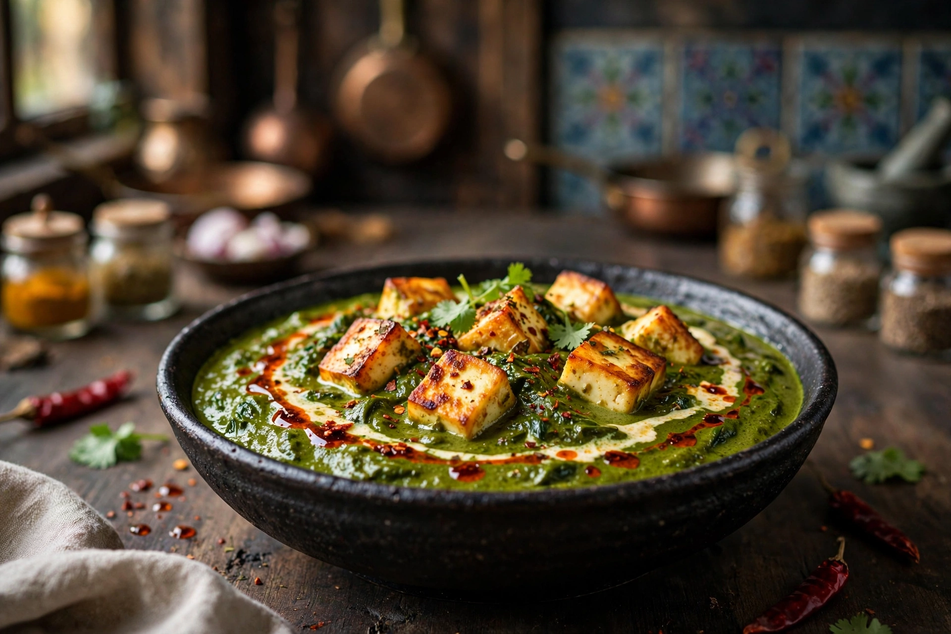 Keto palak paneer - creamy low-carb spinach curry with seared paneer cubes, cream swirl and chili oil in a rustic bowl