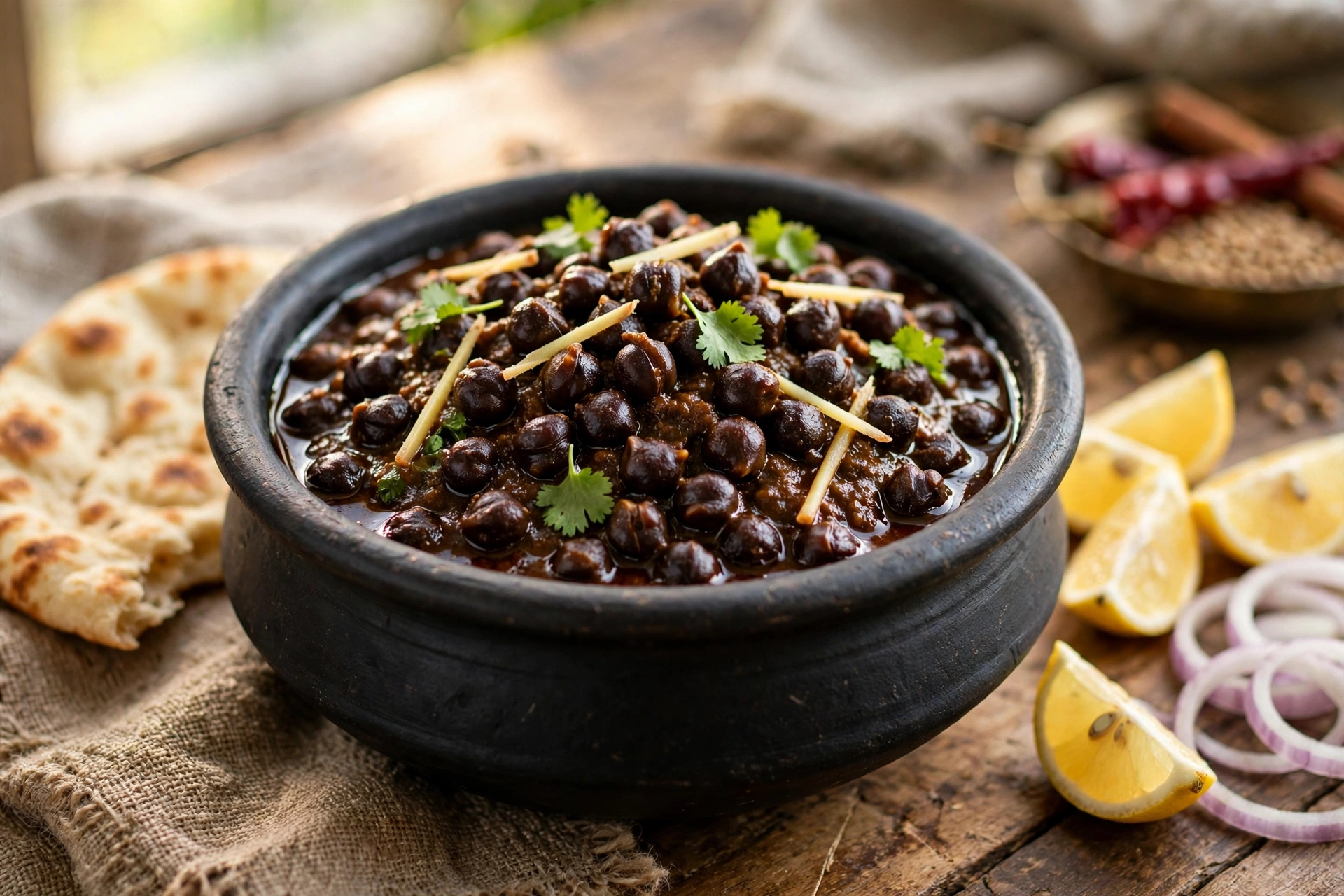 Lahori Channay - slow-cooked black chickpeas in a dark glossy masala, served with naan