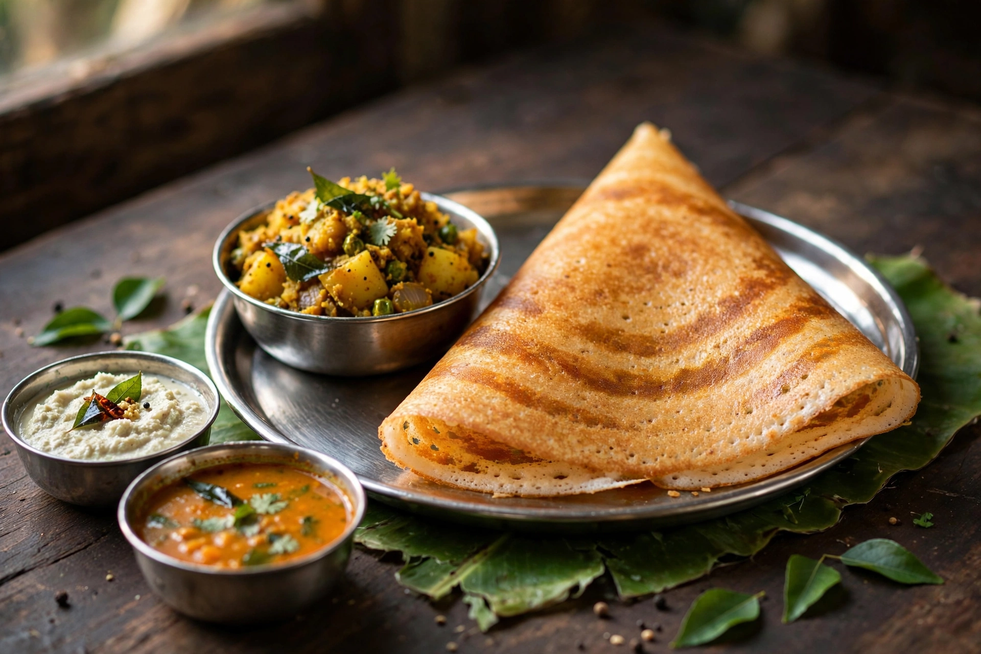Crispy golden masala dosa with spiced potato filling, sambar and coconut chutney