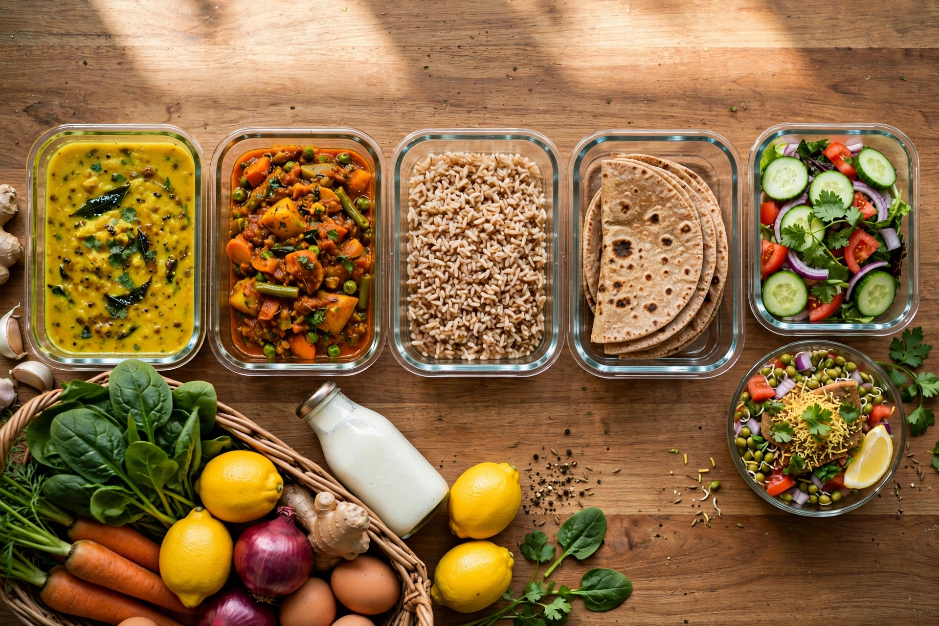 Weekly desi meal prep containers with colorful curries, rice, roti and fresh vegetables