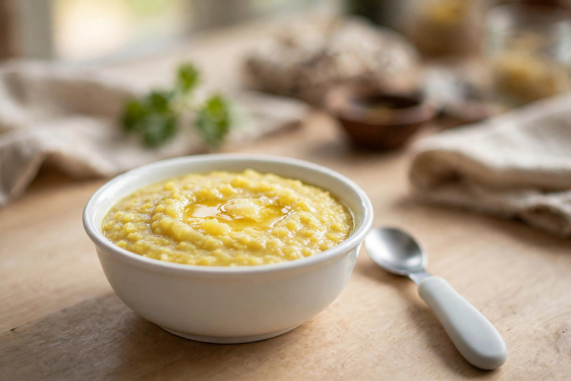 Baby's first khichdi — soft moong dal khichdi in a small white bowl with a baby spoon