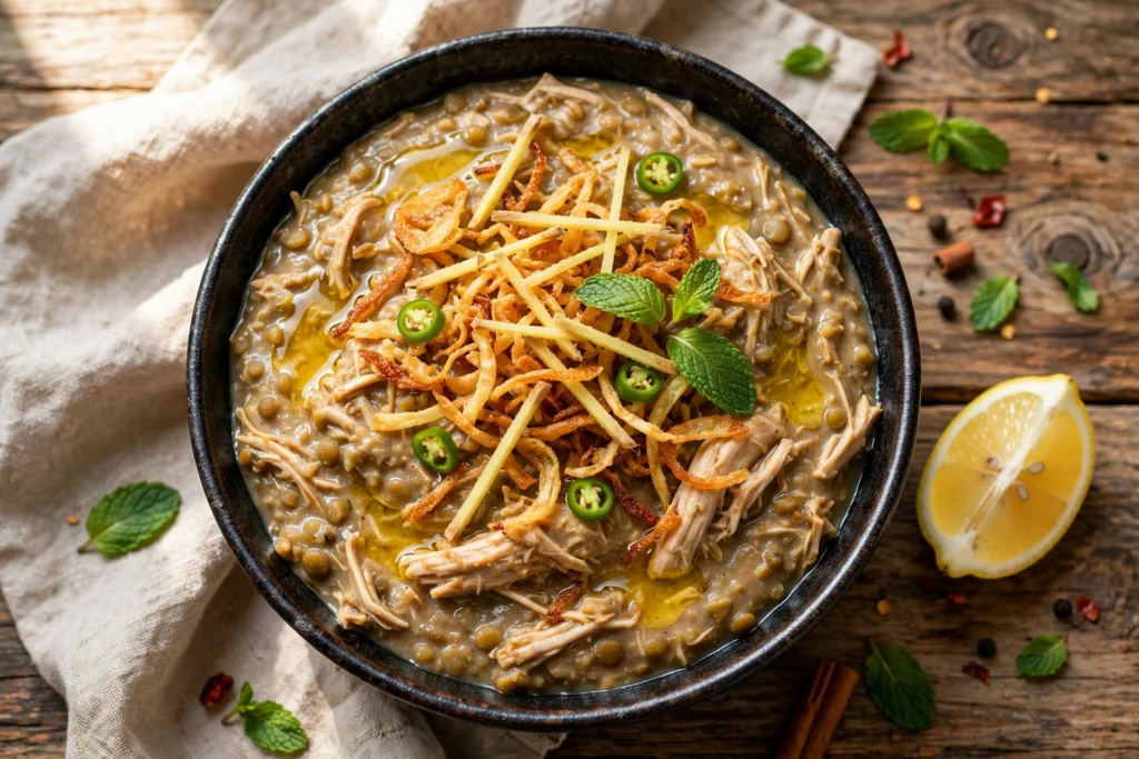 A bowl of chicken haleem garnished with ginger juliennes, lemon, fried onions, and fresh coriander
