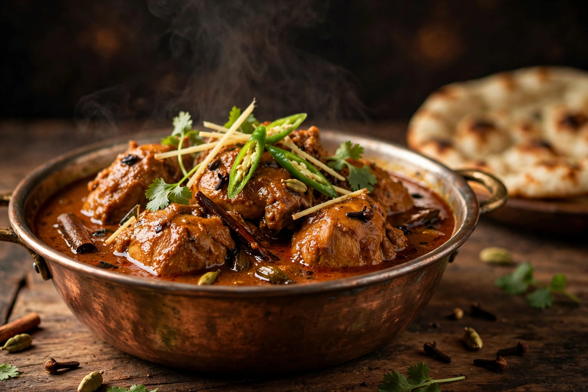 Chicken qorma in a copper bowl with ginger juliennes, coriander and green chilies