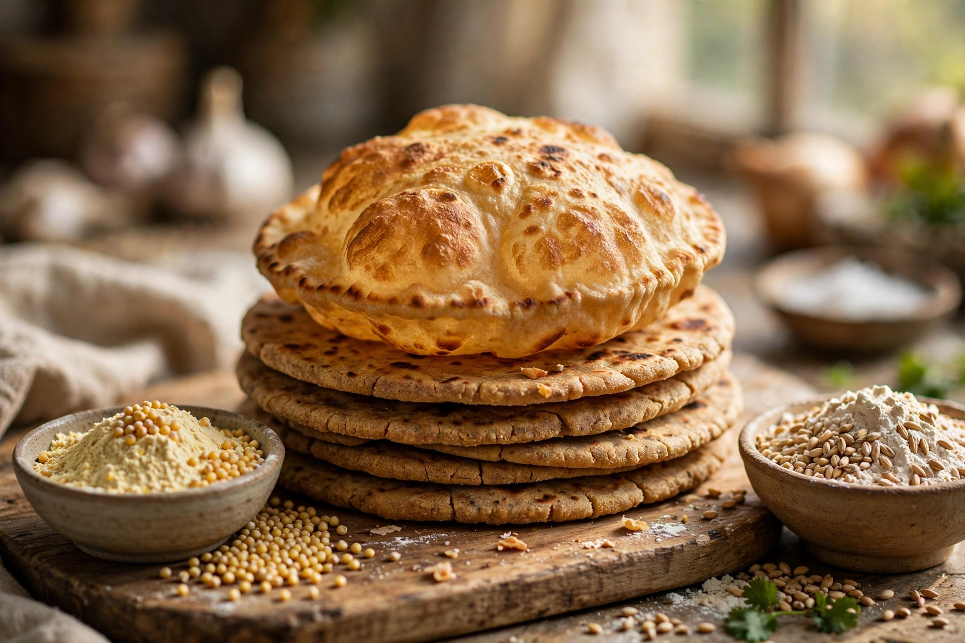 Stack of golden-brown gluten-free millet rotis with bowls of bajra and jowar flour