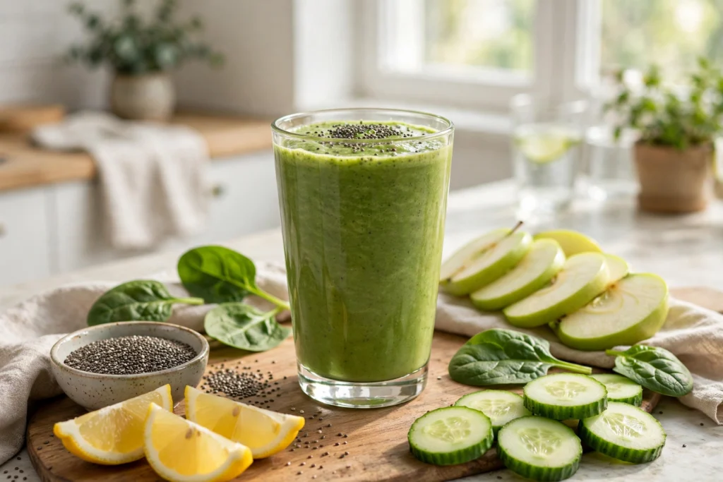 Green smoothie for weight loss with spinach, apple, cucumber, lemon, ginger and chia