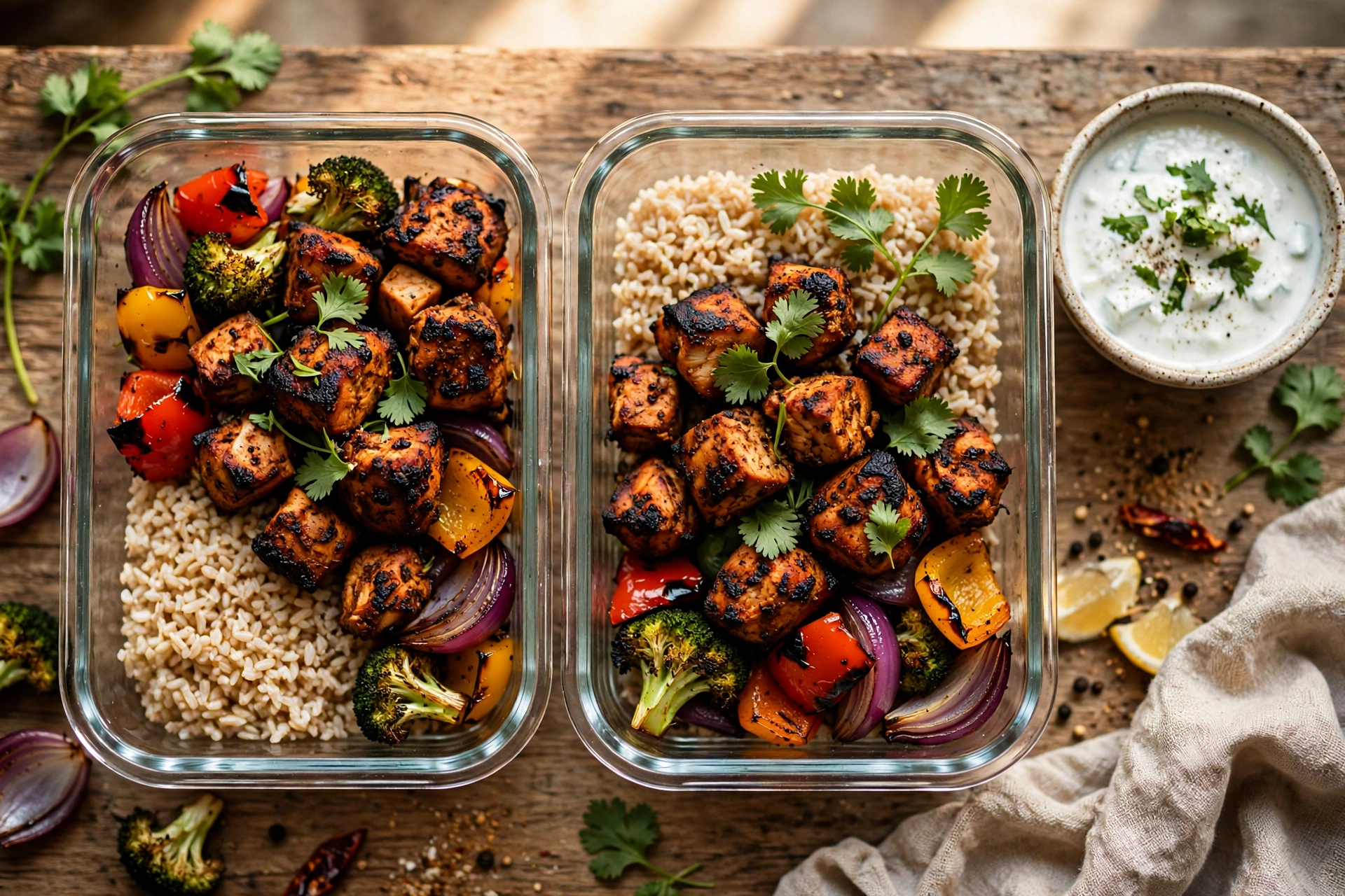 Two glass meal prep bowls with charred chicken tikka, brown rice, roasted peppers and broccoli, with a bowl of raita on the side