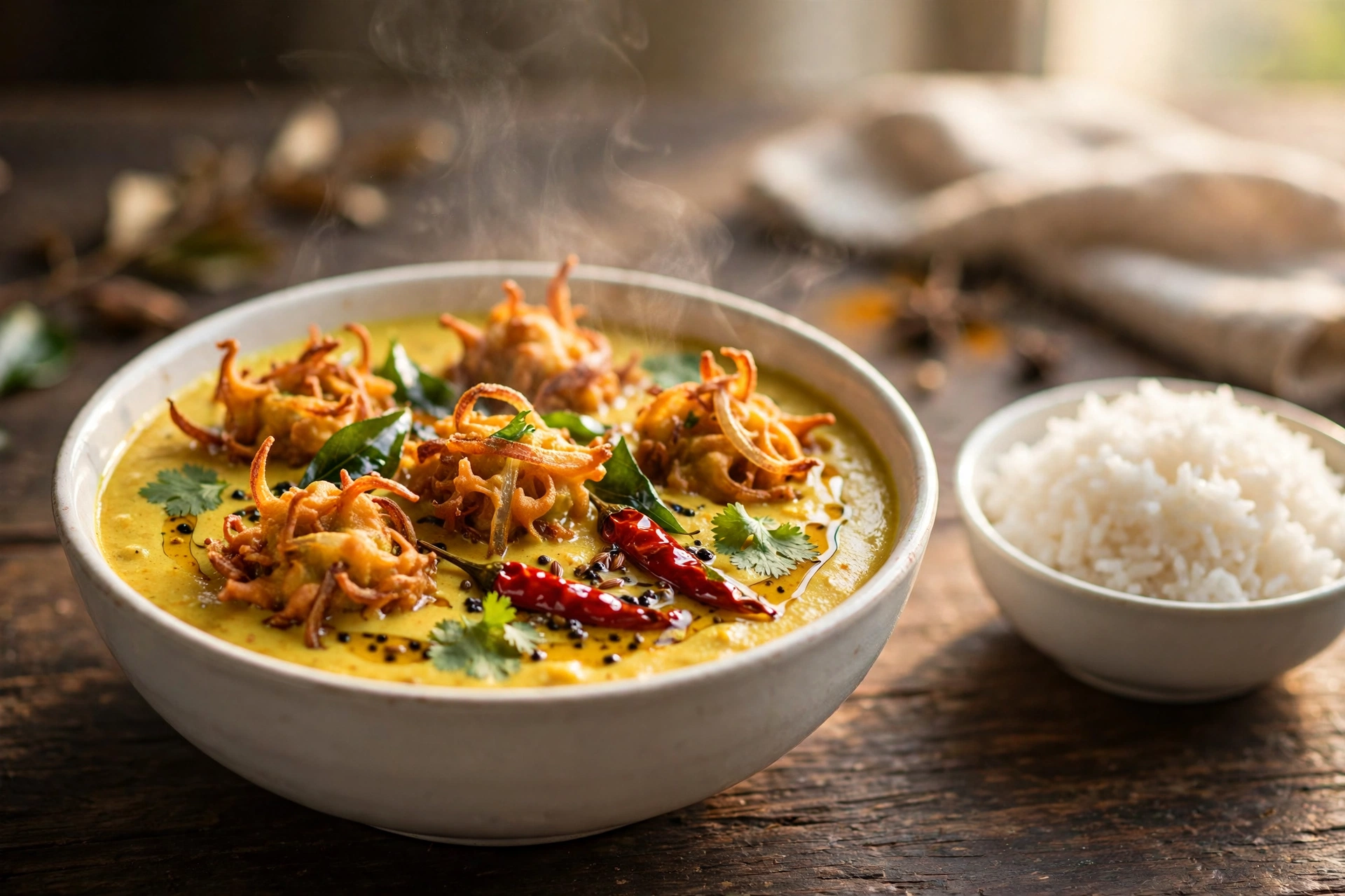 Kadhi pakora — creamy golden yogurt curry with crispy onion pakoras, red chili tarka and fresh coriander