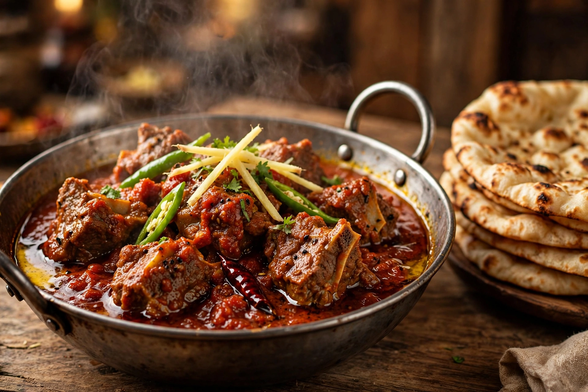 Mutton karahi in a traditional steel karahi with naan bread