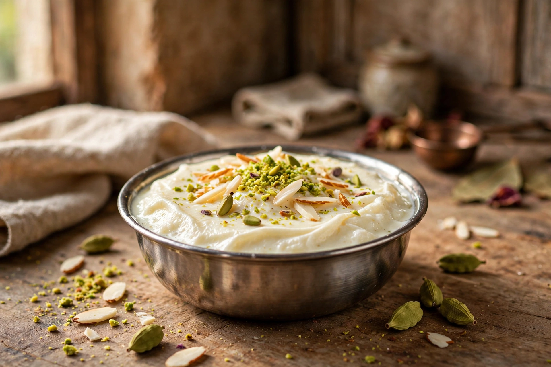 Sugar-free kheer in a white bowl, garnished with pistachios and rose petals