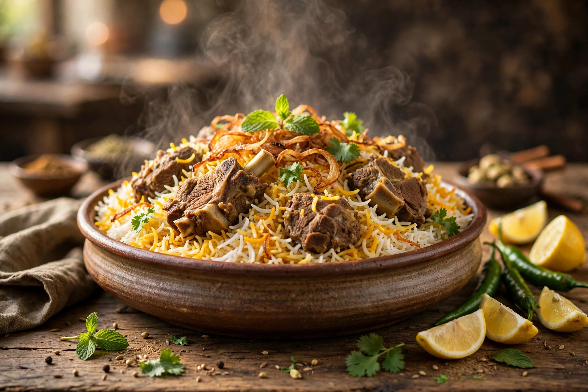 Steaming Pakistani mutton biryani served in a clay handi, topped with crispy fried onions, mint and lemon wedges