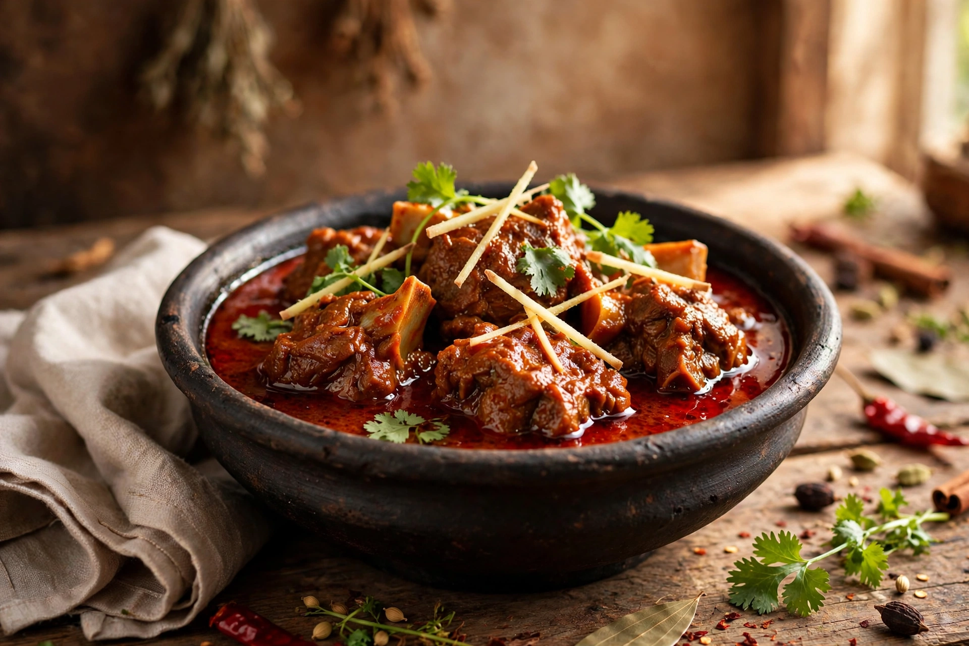 Mutton roghan josh — bone-in mutton in glossy red gravy, garnished with ginger and coriander