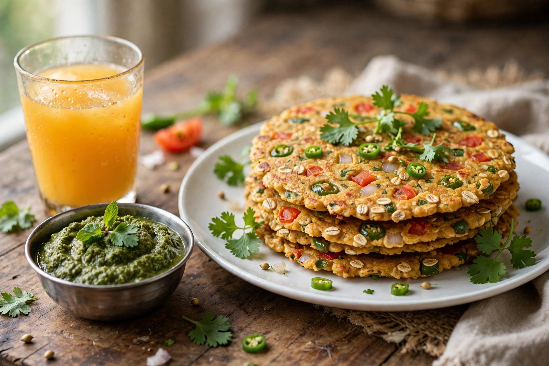 Stack of golden crispy vegetable oats chilla served with mint chutney and orange juice
