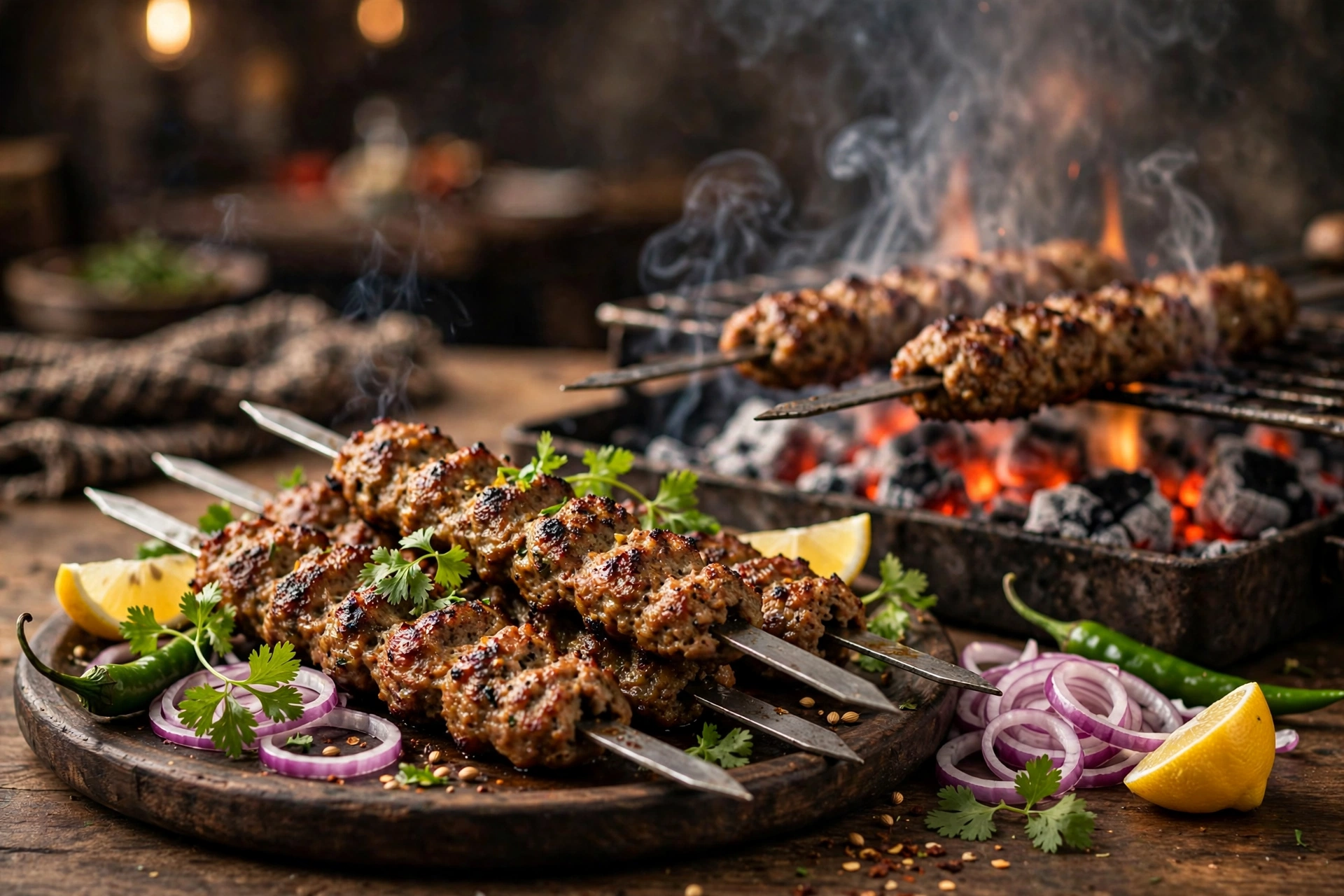 Juicy char-grilled Pakistani seekh kebabs on skewers over charcoal, served with onion rings, lemon wedges and green chilies