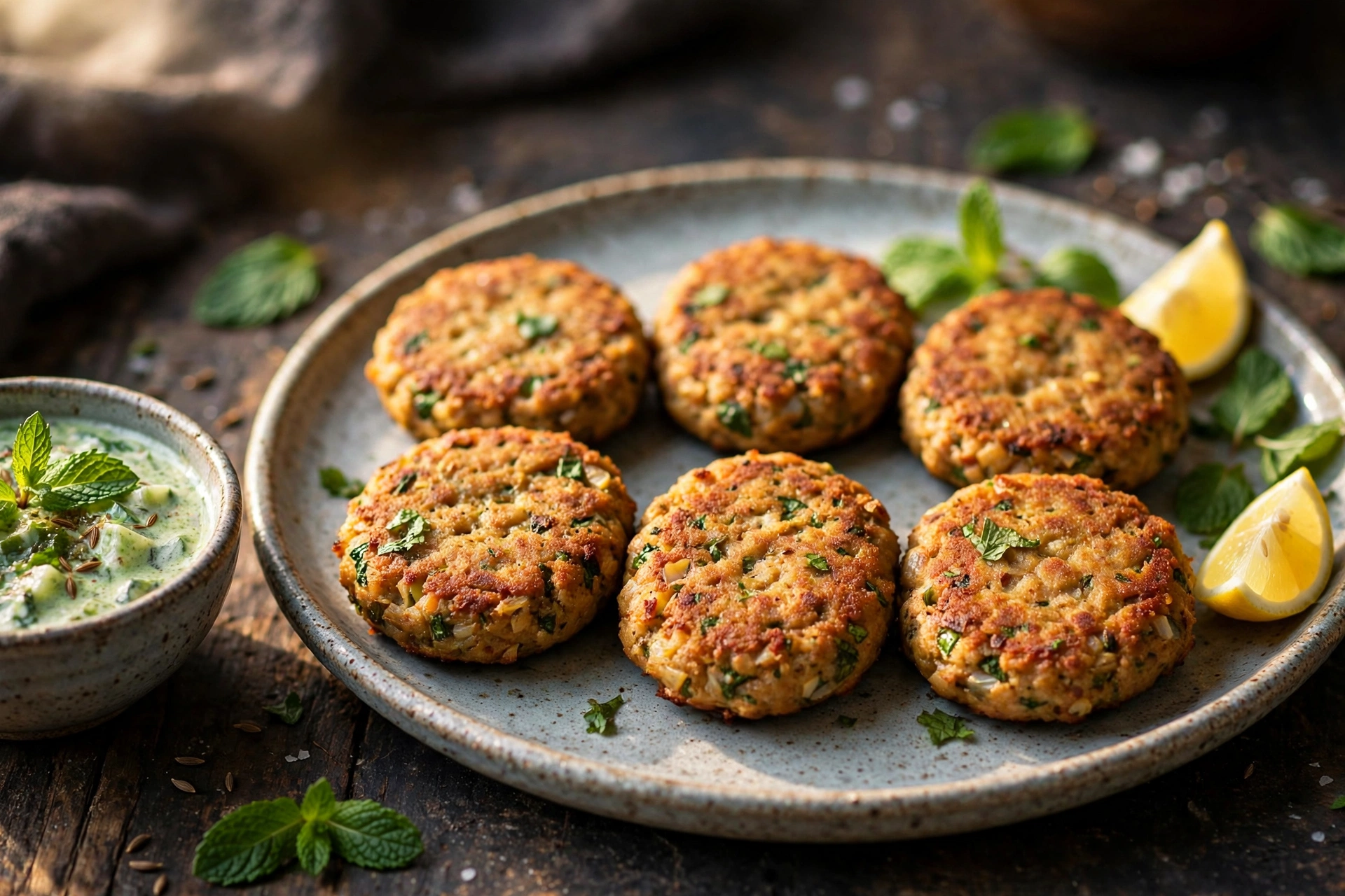 Shami kebabs — golden-brown Pakistani patties served with mint raita and lemon wedges