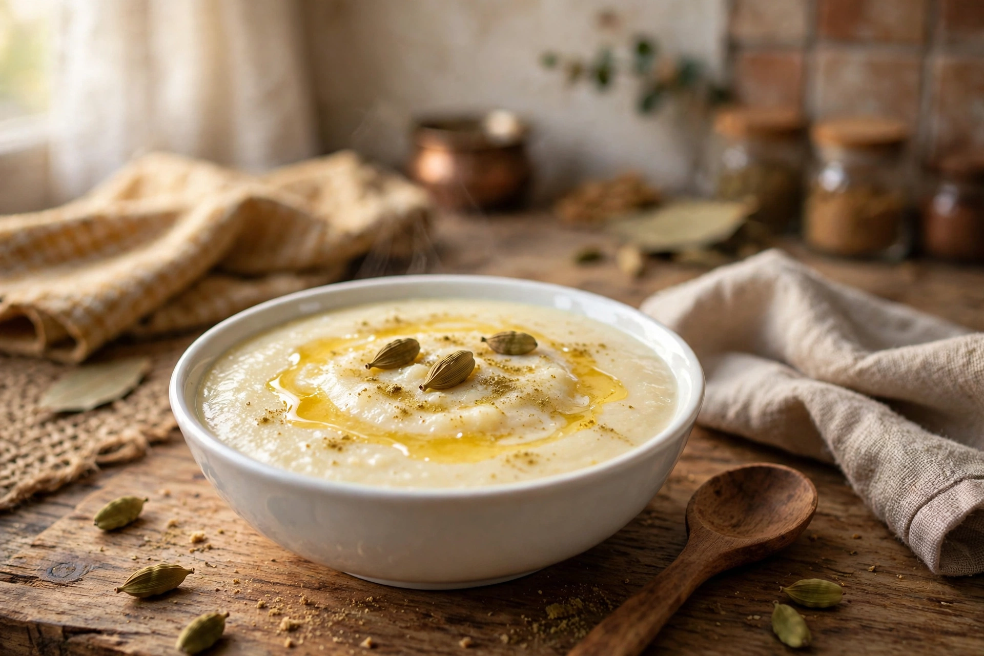 Creamy sooji kheer for babies in a small white bowl with a drizzle of ghee and cardamom