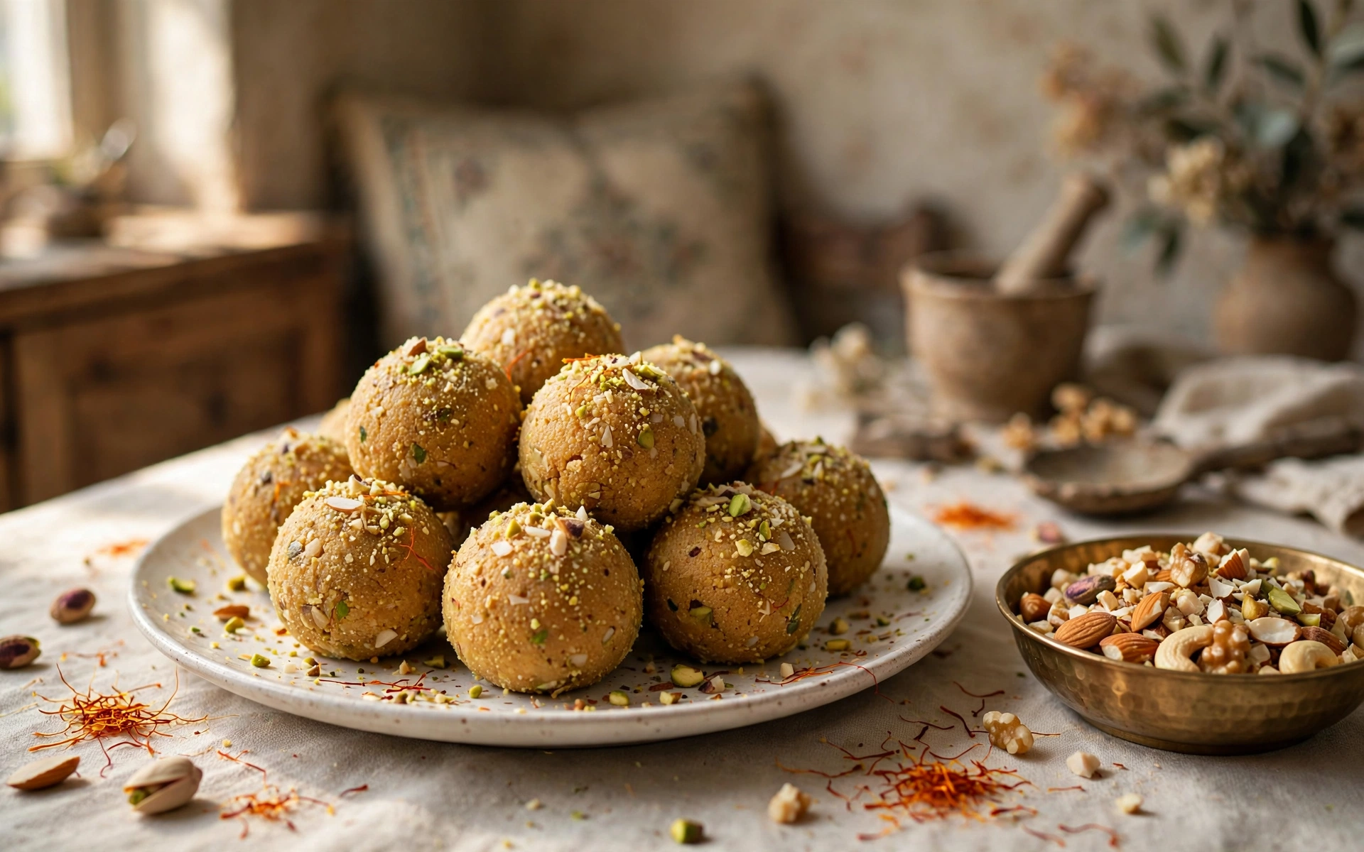 Sugar-free besan ladoos piled on a plate, garnished with chopped pistachios and almonds