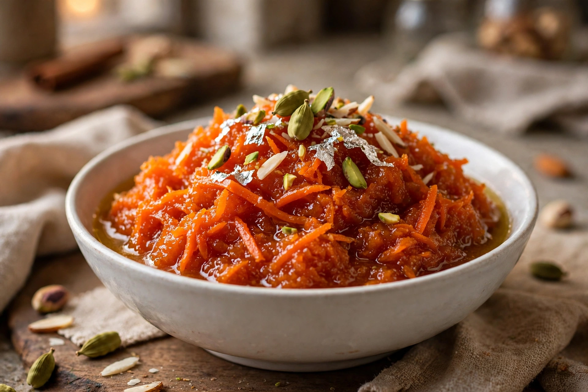 Sugar-free gajar ka halwa in a white bowl, topped with silver varq, pistachios and almonds