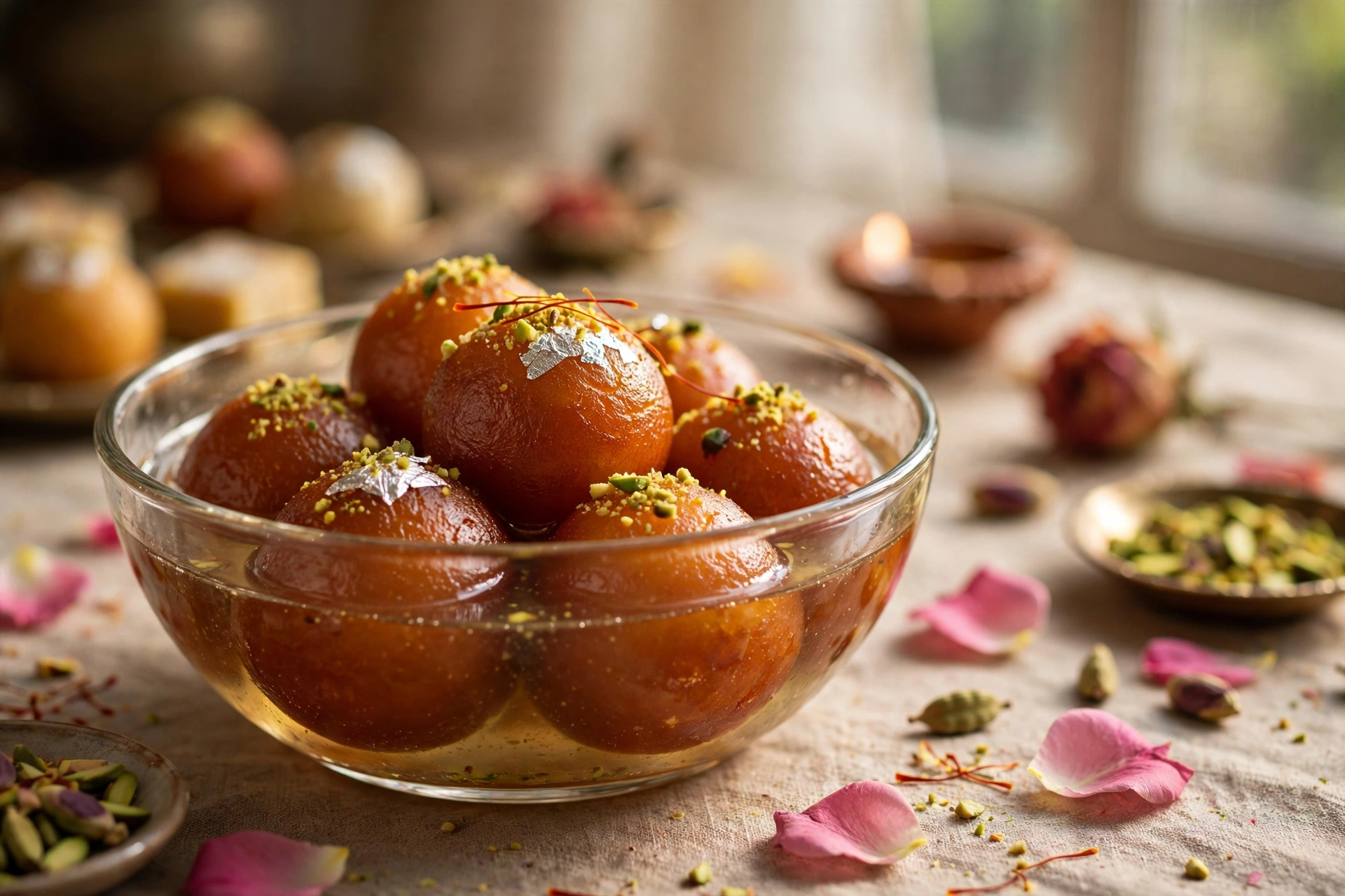 Golden sugar-free gulab jamun in a glass bowl soaked in fragrant syrup, garnished with crushed pistachios and rose petals
