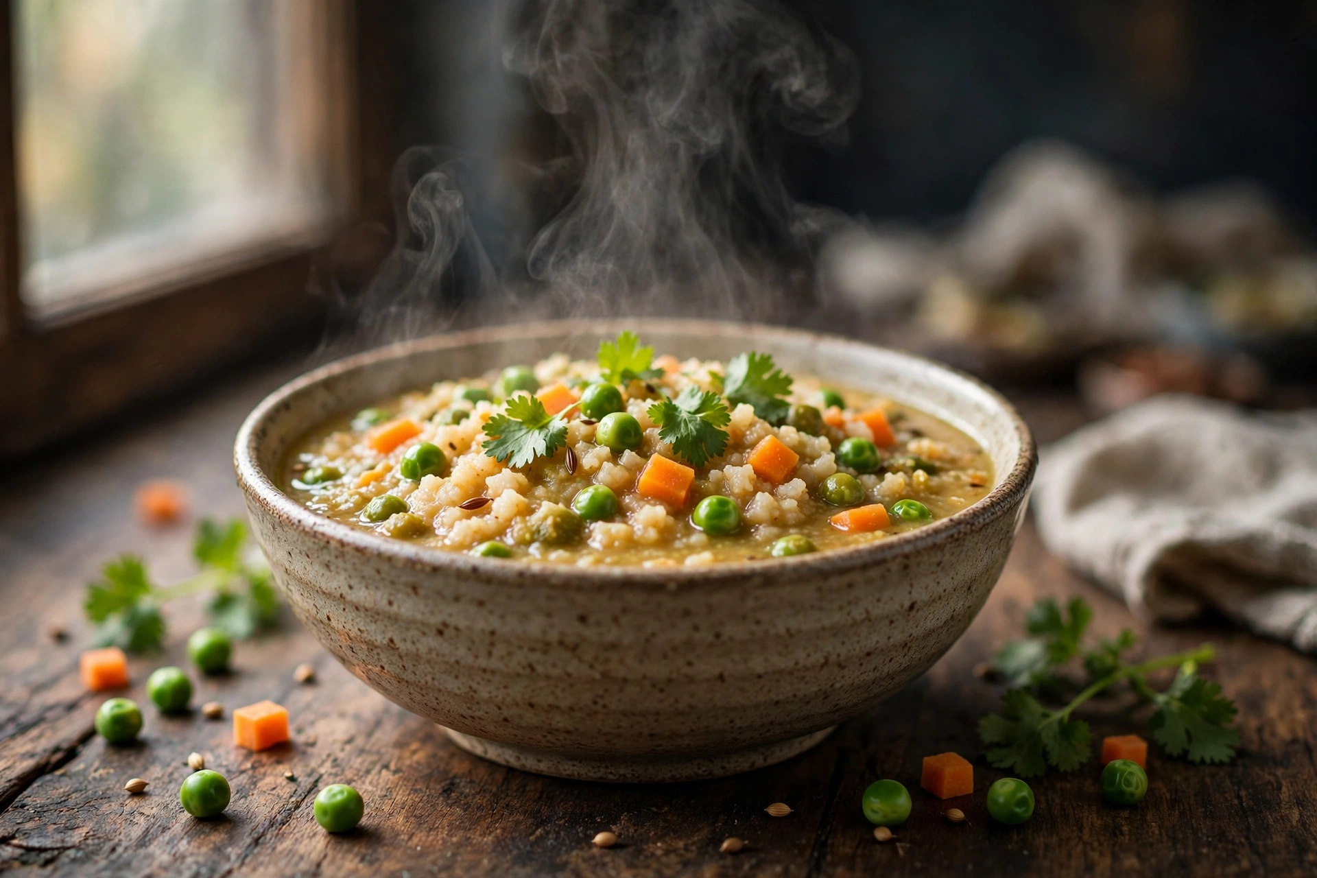 Bowl of vegetable daliya - desi broken wheat porridge with peas, carrots and coriander